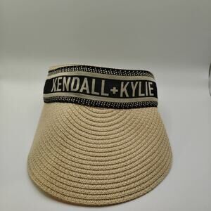 Kendall & Kylie Cream Straw Visor Hat with Black Logo Band Sun Protection